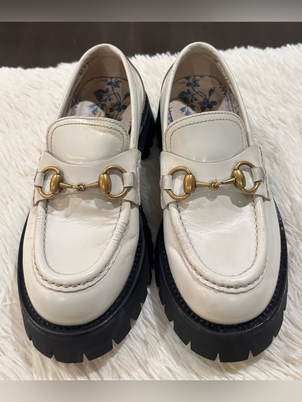 Gucci Ivory Horsebit Lug Sole Loafers
